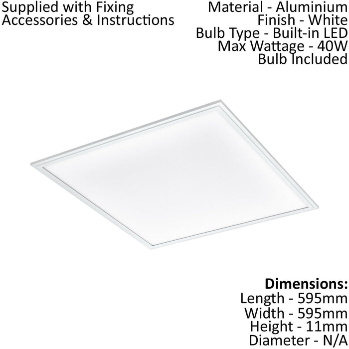 Flush Ceiling Panel Light 595mm White Sqaure Tile 40W Built in LED 4000K Loops