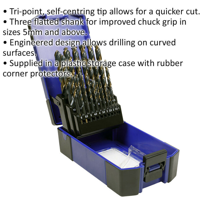 25 Piece HSS Tri-Point M2 Drill Bit Set - 1mm to 13mm Sizes - Self-Centring Tip Loops