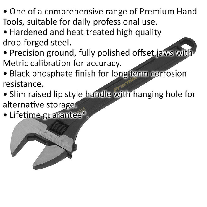 375mm Adjustable Drop Forged Steel Wrench - 41mm Offset Jaws Metric Calibration Loops