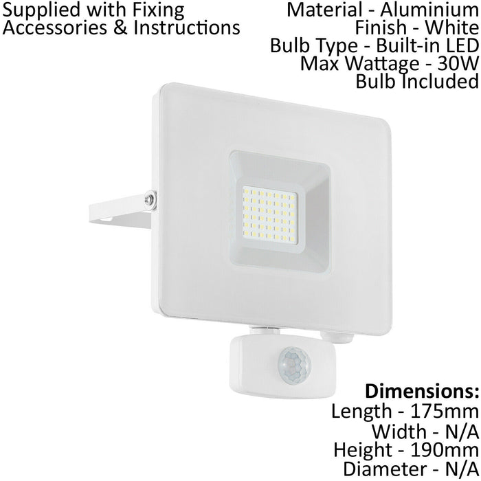 IP44 Outdoor Flood Light & PIR Sensor White Aluminium 30W Built in LED Loops