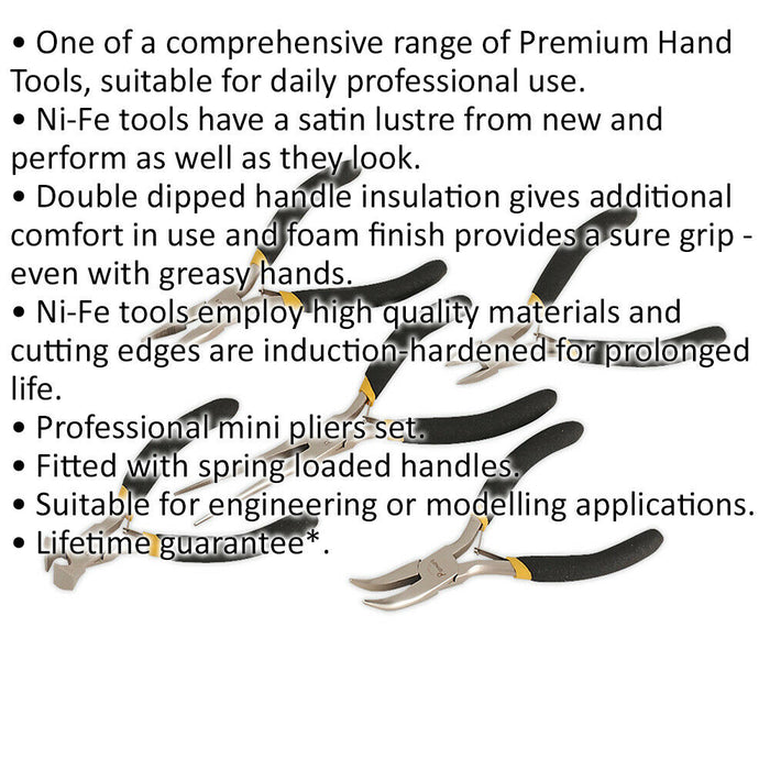 5 Piece Mini Pliers Set - Nickel Ferrous Finish - Spring-Loaded - Foam Grip Loops