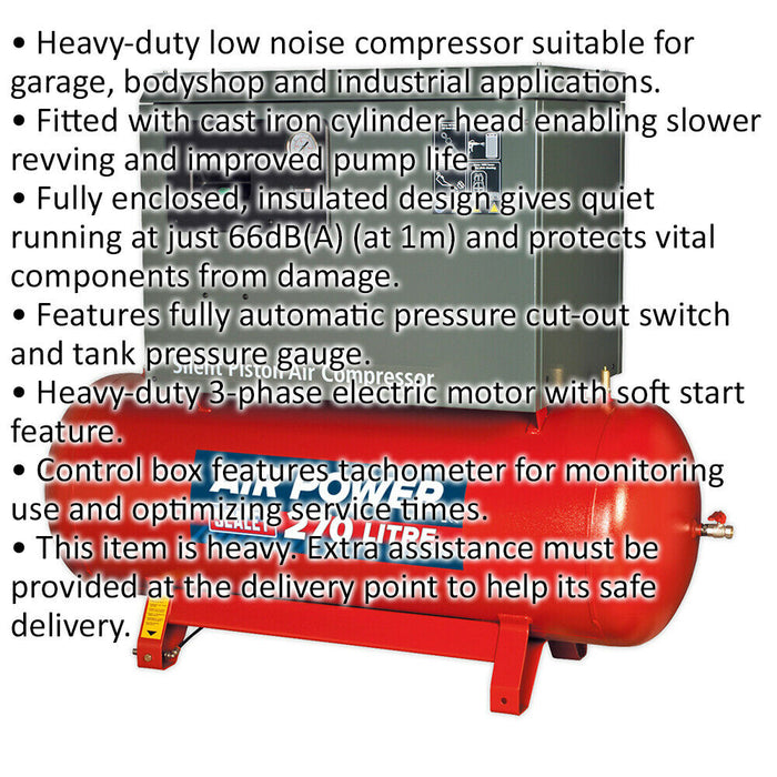 270 Litre Low Noise Belt Drive Compressor - 7.5hp 3-Phase Electric Motor Loops