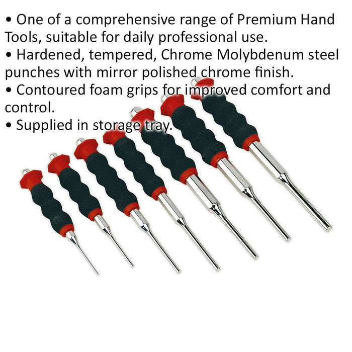 7 Piece Sheathed Parallel Pin Punch Set - Contoured Foam Grip - Chromoly Steel Loops