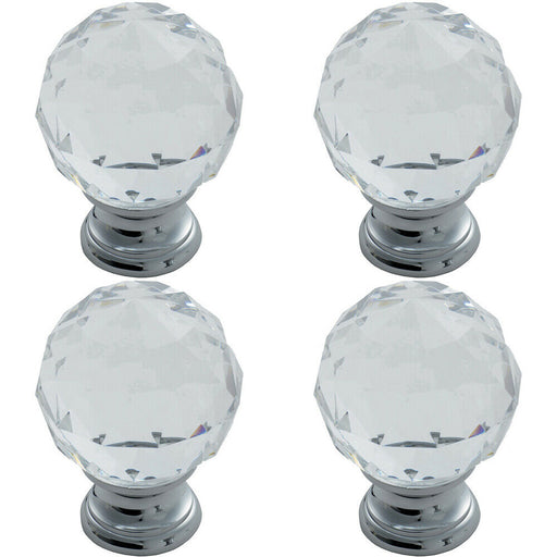 4x Faceted Crystal Cupboard Door Knob 25mm Dia Polished Chrome Cabinet Handle Loops