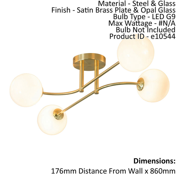 Semi Flush Ceiling Light Satin Brass Plate & Opal Glass 4 x 3W LED G9 Loops