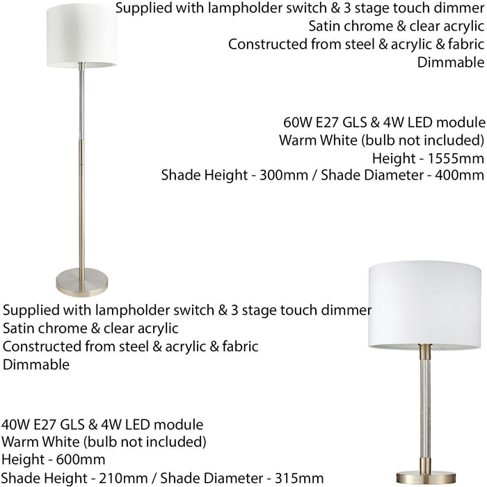 Standing Floor & Table Lamp Set Modern Satin Chrome Touch Dimmer LED Stem Light Loops