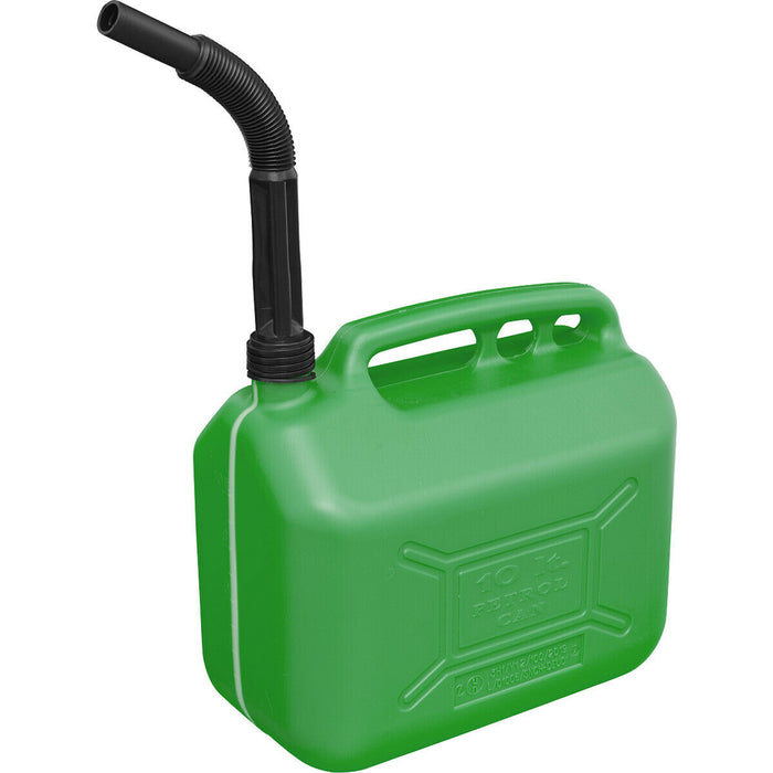 10 Litre Plastic Fuel Can -  Safety Screw Lock Cap - Flexible Spout - Green Loops