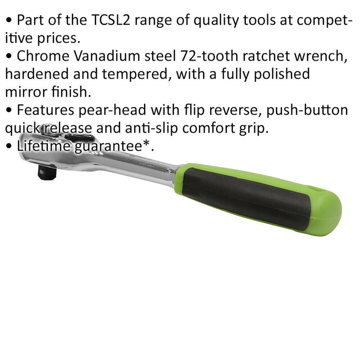72-Tooth Flip Reverse Ratchet Wrench - 1/4 Inch Sq Drive - Pear-Head Design Loops