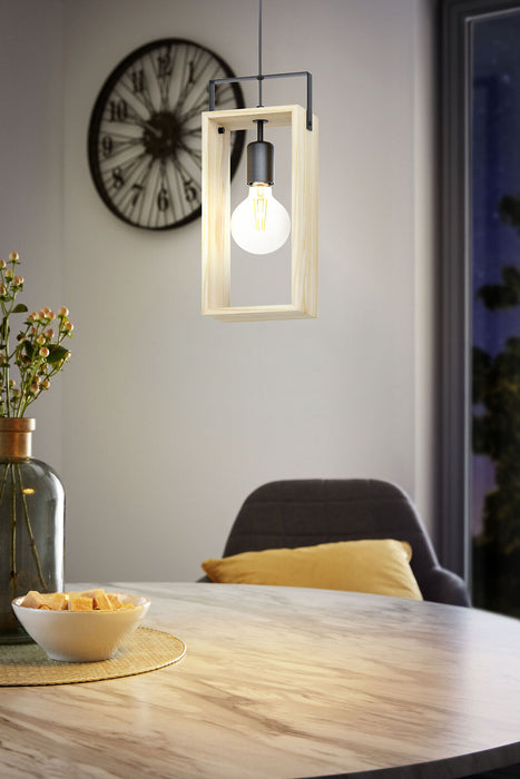 Hanging Ceiling Pendant Light Black & Natural Wood Frame 1 x 40W E27 Bulb Loops