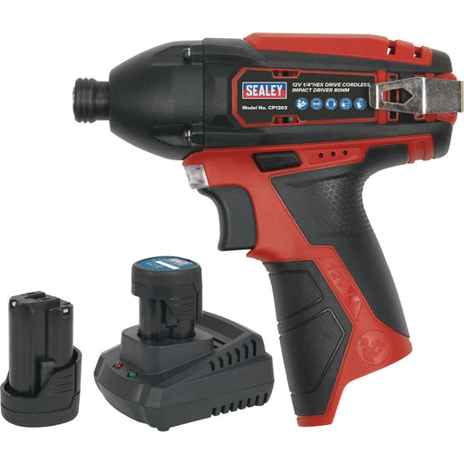 1/4 Inch Hex Drive Cordless Impact Driver - 2 x 12 V Li-on Batteries Included Loops