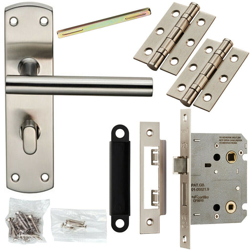 Door Handle & Bathroom Lock Pack Satin Steel Modern Straight T Bar Backplate Loops