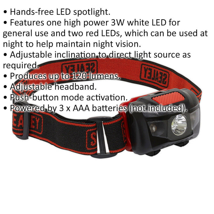 3W LED Head Torch Spotlight - Adjustable Headband - White LED & 2 x Red LEDs Loops