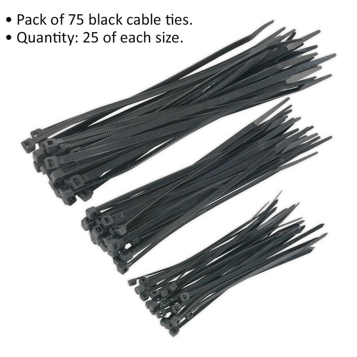 75 Piece Black Cable Tie Assortment - Three Sizes - 25 of Each - Electrical Ties Loops