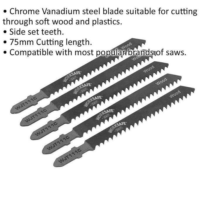 5 PACK 75mm Chrome Vanadium Steel Jigsaw Blade - 9 TPI - Side Set Teeth - Wood Loops