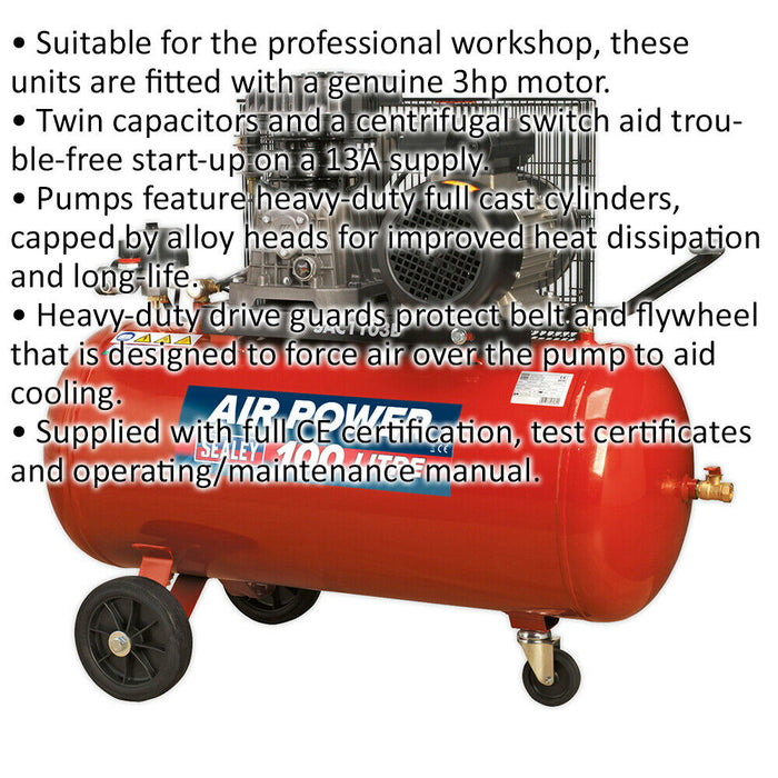 100 Litre Mobile Belt Drive Air Compressor - 3hp Motor - Quick Release Coupling Loops