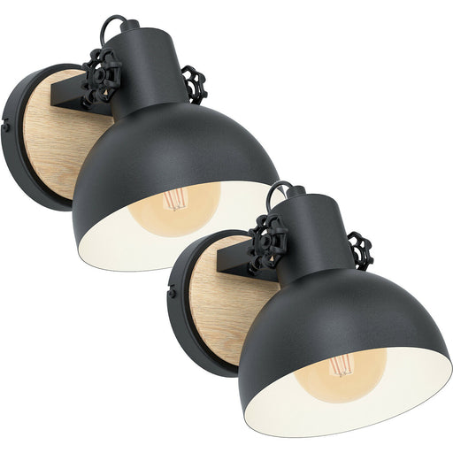 2 PACK LED Wall Light / Sconce Black & Wood Round Adjustable Shade 10W E27 Loops