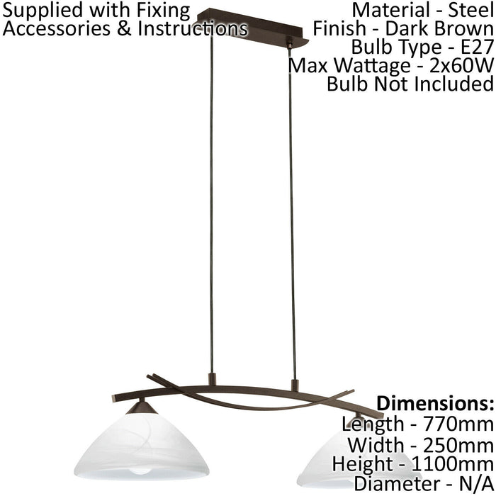 Pendant Light Colour Dark Brown Shade White Glass Alabaster Bulb E27 2x60W Loops