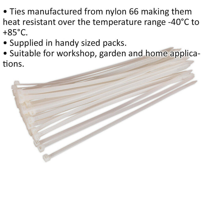 50 PACK White Cable Ties - 350 x 7.6mm - Nylon 66 Material - Heat Resistant Loops