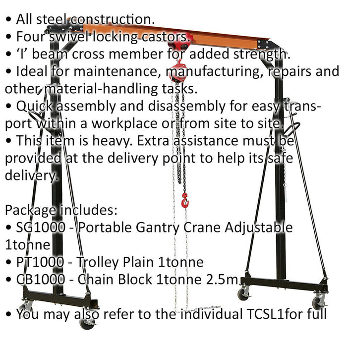 1 Tonne Portable Gantry Crane Kit - Includes Trolley Plain & 2.5m Chain Block Loops