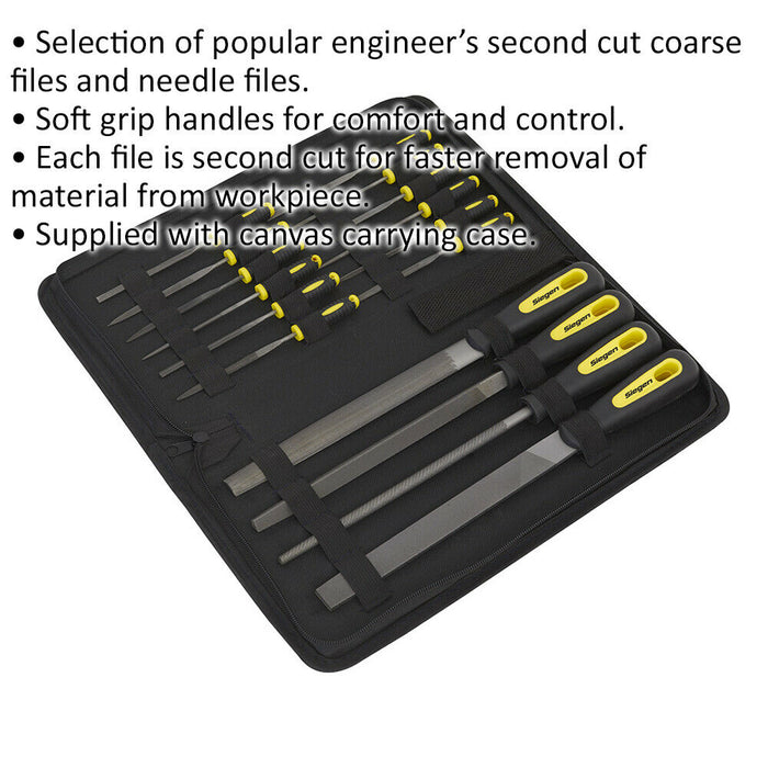 16 Piece Engineers & Needle File Set - Second Cut - Soft Grip Handles - Case Loops