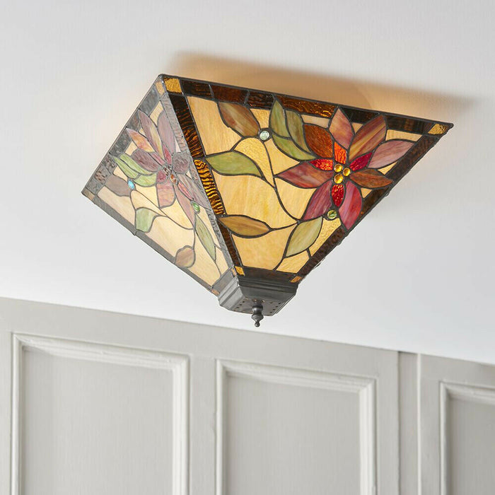 Tiffany Glass Semi Flush Ceiling Light Red Flower Inverted Square Shade i00053 Loops