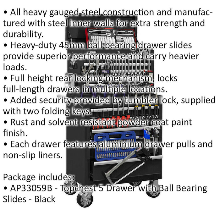 Heavy Duty 10 Drawer Topchest & Rollcab Bundle - 147 Piece Tool Kit - Black Loops