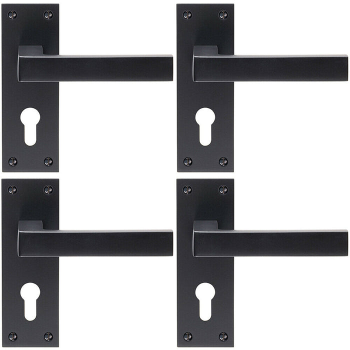 4x PAIR Straight Square Handle on Euro Lock Backplate 150 x 50mm Matt Black Loops