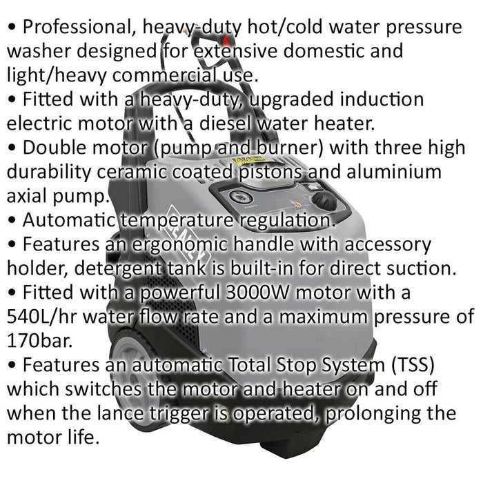 Heavy Duty Hot & Cold Pressure Washer - Diesel Water Heater - 3000W Motor Loops