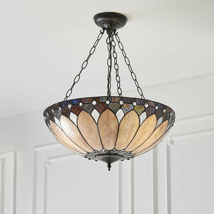 Tiffany Glass Hanging Ceiling Pendant Light Dark Bronze 3 Lamp Shade i00084 Loops