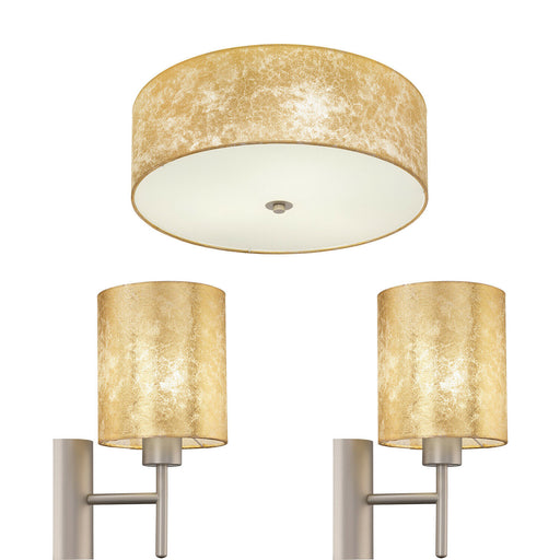 Low Ceiling Light & 2x Matching Wall Lights Gold Fabric Round Diffused Shade Loops