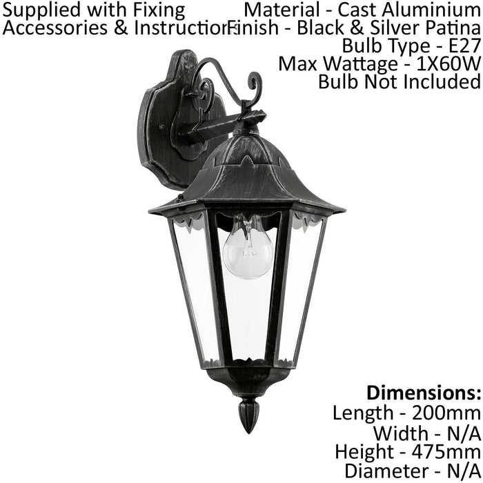 2 PACK IP44 Outdoor Wall Light Black & Silver Patina Lantern 1x 60W E27 Loops