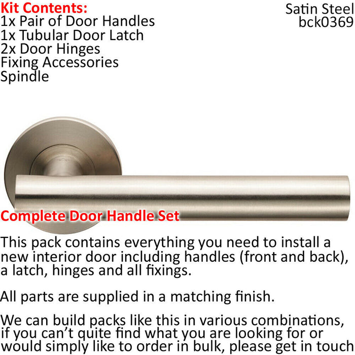 Door Handle & Latch Pack Satin Steel Straight T BAR on Screwless Round Rose Loops