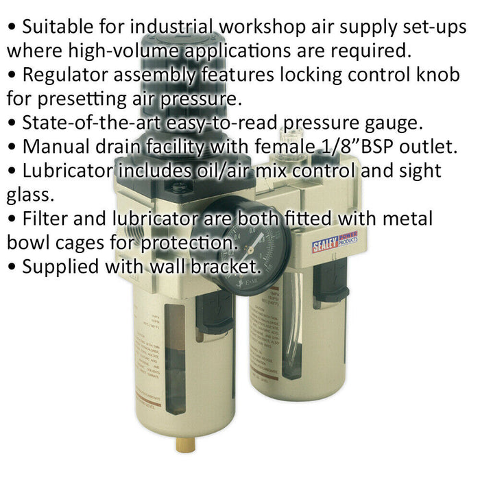Workshop Air Supply Filter Regulator & Lubricator - 1/2" BSP 105cfm Max Airflow Loops