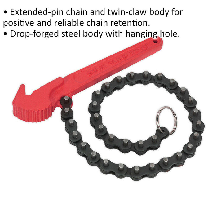 Forged Steel Oil Filter Chain Wrench - 60-106mm Capacity - Twin-Claw Body Loops