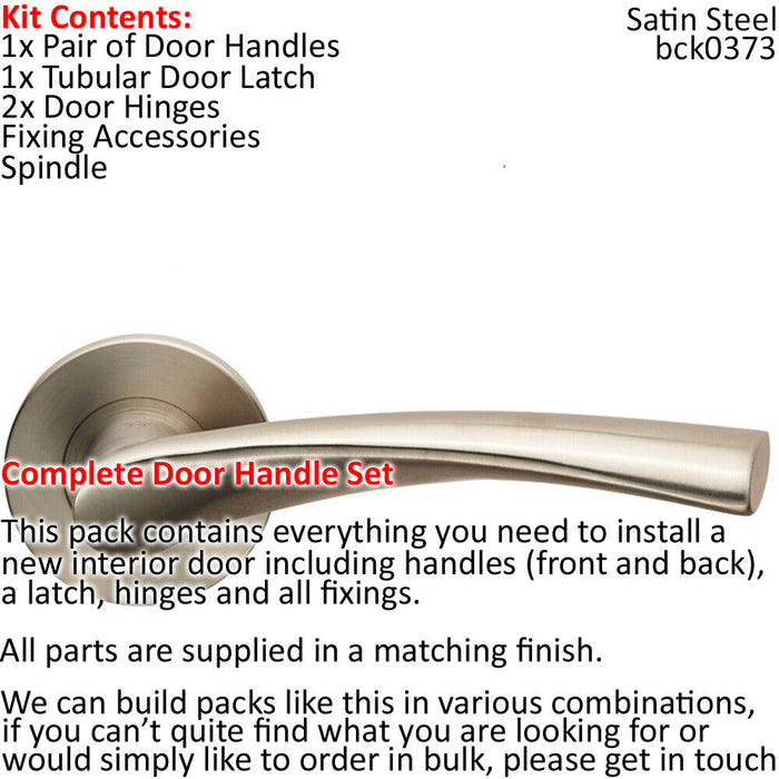 Door Handle & Latch Pack Satin Steel Twisted Curved Lever Screwless Round Rose Loops