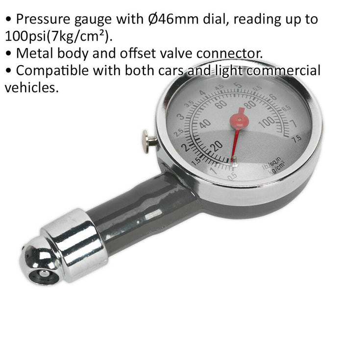 100psi Premium Tyre Pressure Gauge - Offset Valve Connector & Metal Body Loops