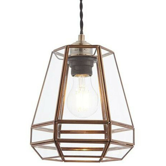 Hanging Ceiling Pendant Light Shade Antique Brass & Clear Glass Pear Drop Cage Loops