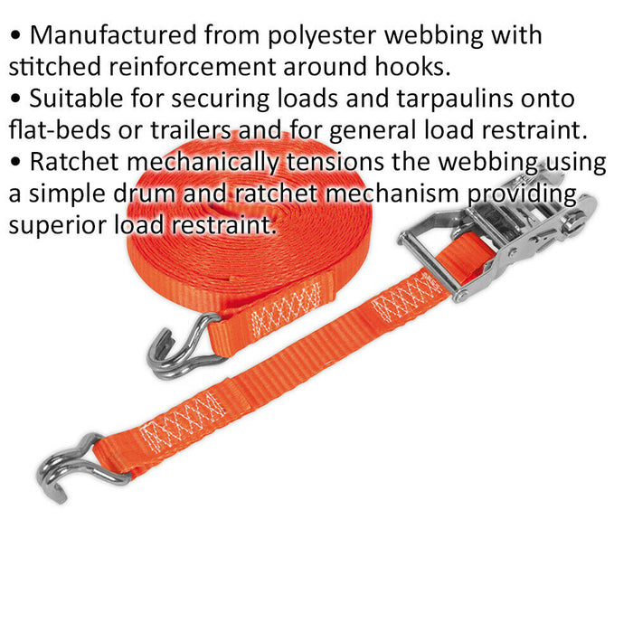 25mm x 10m 1500KG Ratchet Tie Down Straps Set - Polyester Webbing & Steel J Hook Loops