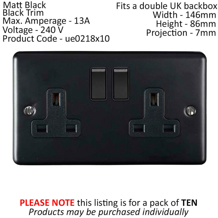 10 PACK 2 Gang Double UK Plug Socket MATT BLACK 13A Switched Power Outlet Loops