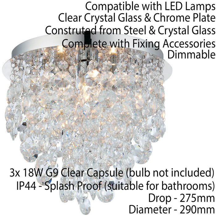 Flush Bathroom Ceiling Light Hanging Crystal Bead IP44 Round Lamp Bulb Holder Loops