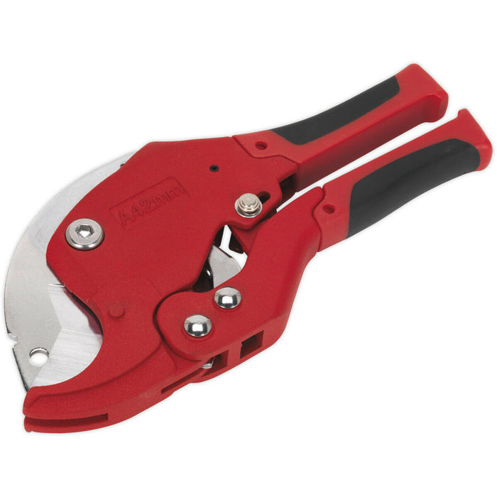 Ratcheting Plastic Pipe Cutter - 6mm to 42mm Capacity - Quick Release Mechanism Loops