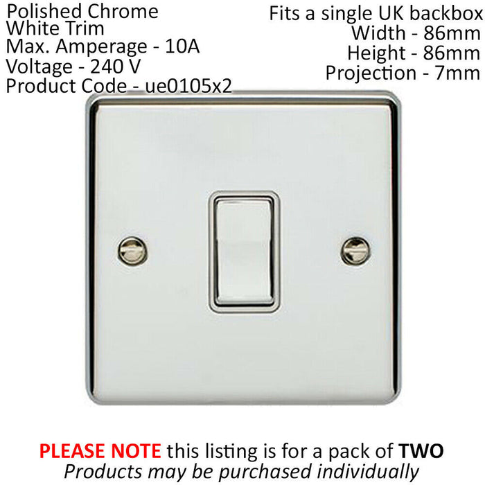 2 PACK 1 Gang Single INTERMEDIATE Light Switch CHROME & White 10A Rocker Loops