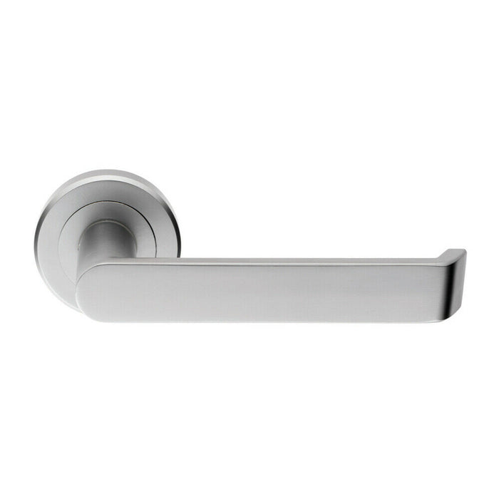 PAIR Flat Faced Lever on Round Rose Chamfered Edge Concealed Fix Satin Chrome Loops