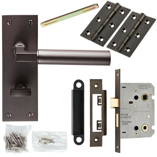 Door Handle & Bathroom Lock Pack Matt Bronze Straight Round Bar Turn Backplate Loops