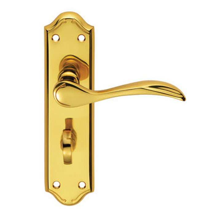 PAIR Curved Door Handle Lever on Bathroom Backplate 180 x 45mm Polished Brass Loops