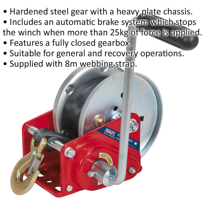 Geared Hand Winch with Brake & Webbing - 900kg Capacity - Hardened Steel Gear Loops