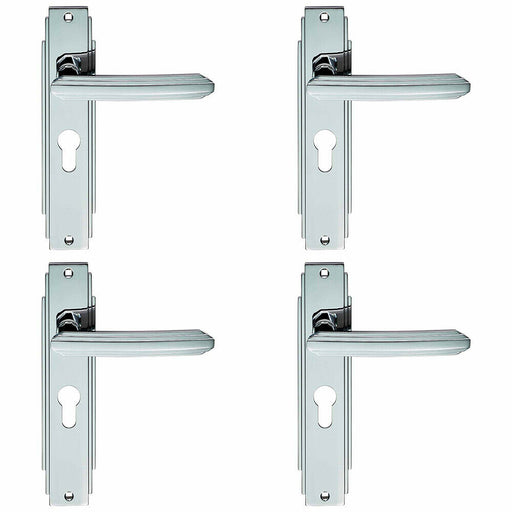 4x PAIR Line Detailed Handle on Euro Lock Backplate 205 x 45mm Polished Chrome Loops