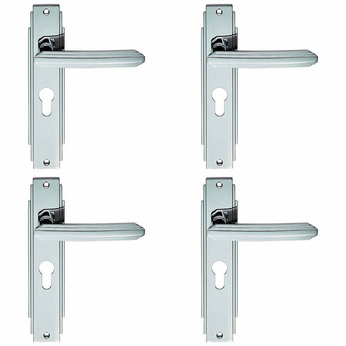 4x PAIR Line Detailed Handle on Euro Lock Backplate 205 x 45mm Polished Chrome Loops