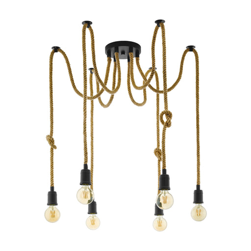Hanging Ceiling Pendant Light Black & Rope 6x Bulb E27 Adjustable Spider Lamp Loops