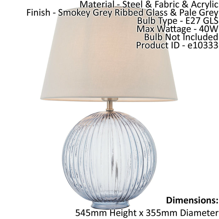 Table Lamp Smokey Grey Ribbed Glass & Pale Grey Cotton 40W E27 GLS Loops